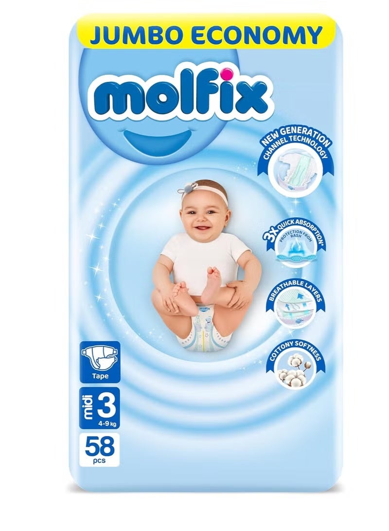 مولفيكس حفاضات اطفال مقاس 3 ، 58 قطعة، - Image 1